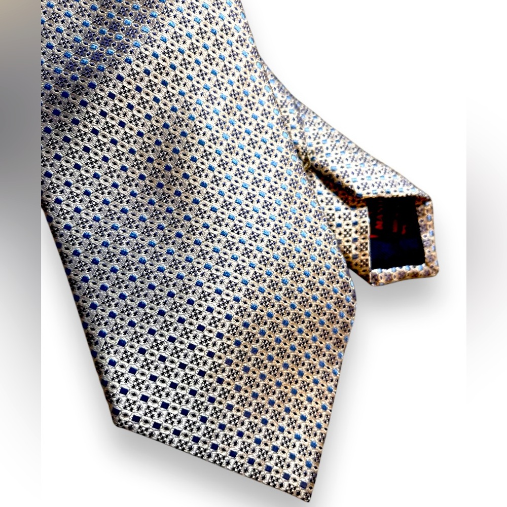 Men's Silk Tie Blue Silver Geometric Foulard Made in Italy Classic Necktie